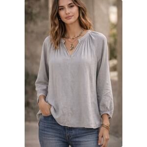 Johnny Was Calme Gray Silk Peasant Blouse Medium Boho Luxe Top Athleisure